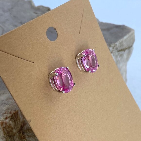 Sterling Silver 925 Oval Faceted Prong Set Pink Ruby Stud Earrings - Picture 2 of 16